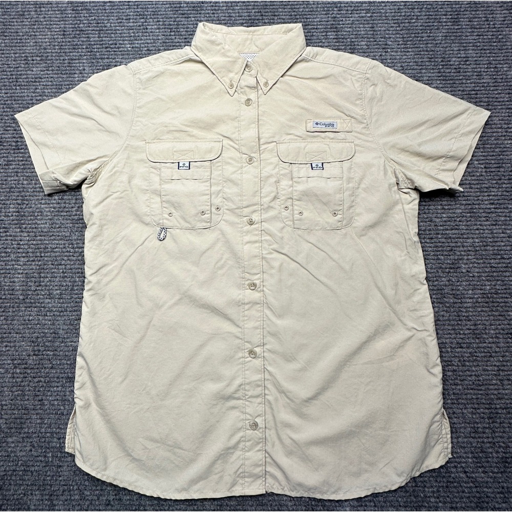 Columbia PFG Fishing Shirt Mens Medium Beige Short Sleeve Bahama II
